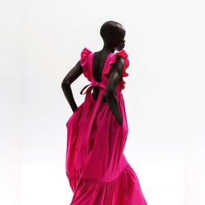 Self Portrait Ruffle Cotton Poplin Fuchsia Maxi Dress